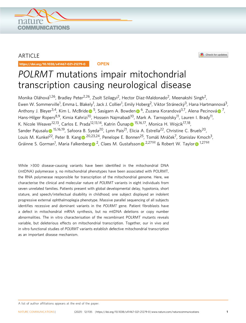 POLRMT Mutations Impair Mitochondrial Transcription Causing Neurological Disease