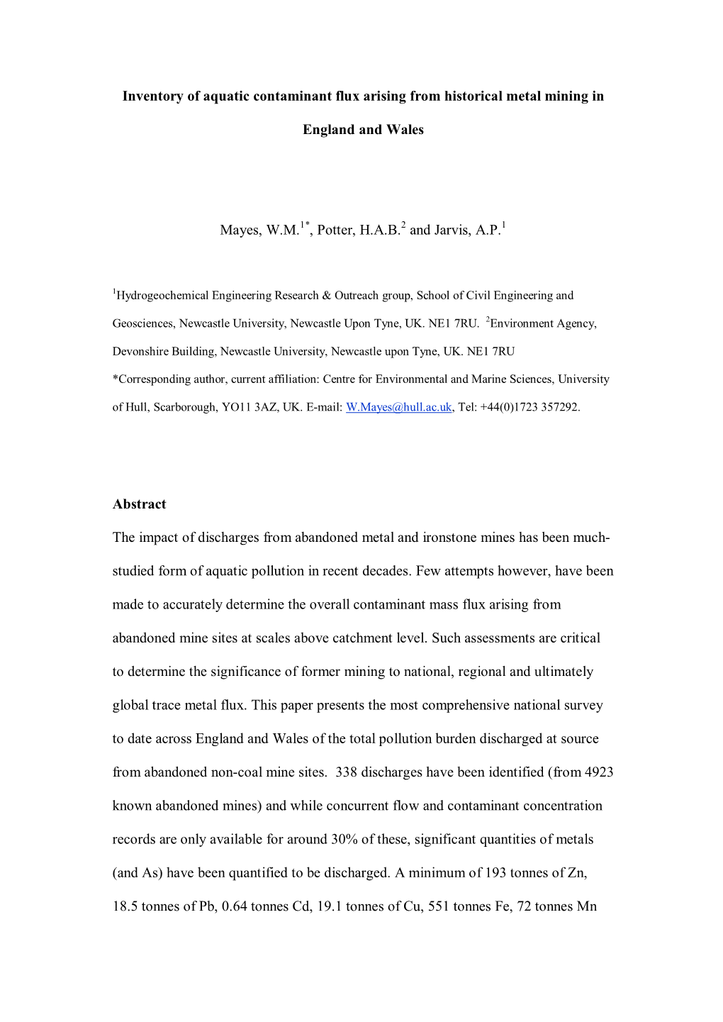 Inventory of Aquatic Contaminant Flux Arising from Historical Metal Mining In