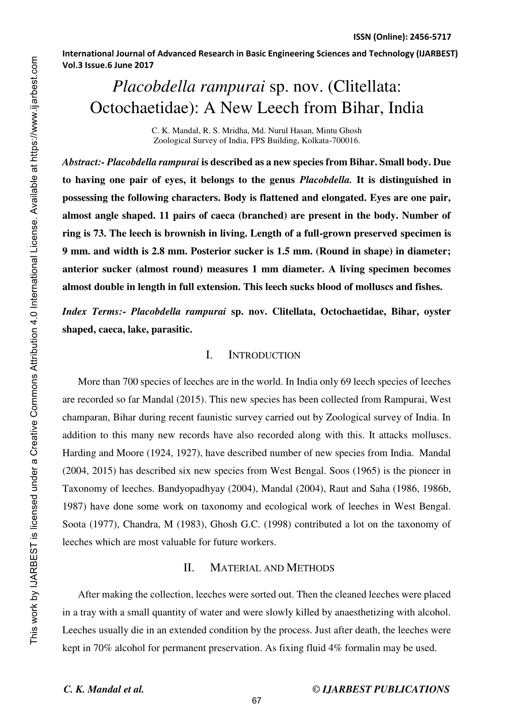 Placobdella Rampurai Sp. Nov. (Clitellata: Octochaetidae): a New Leech from Bihar, India