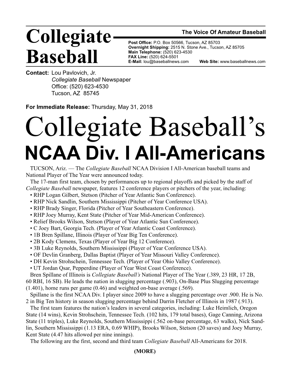2018 Collegiate Baseball All-Americans