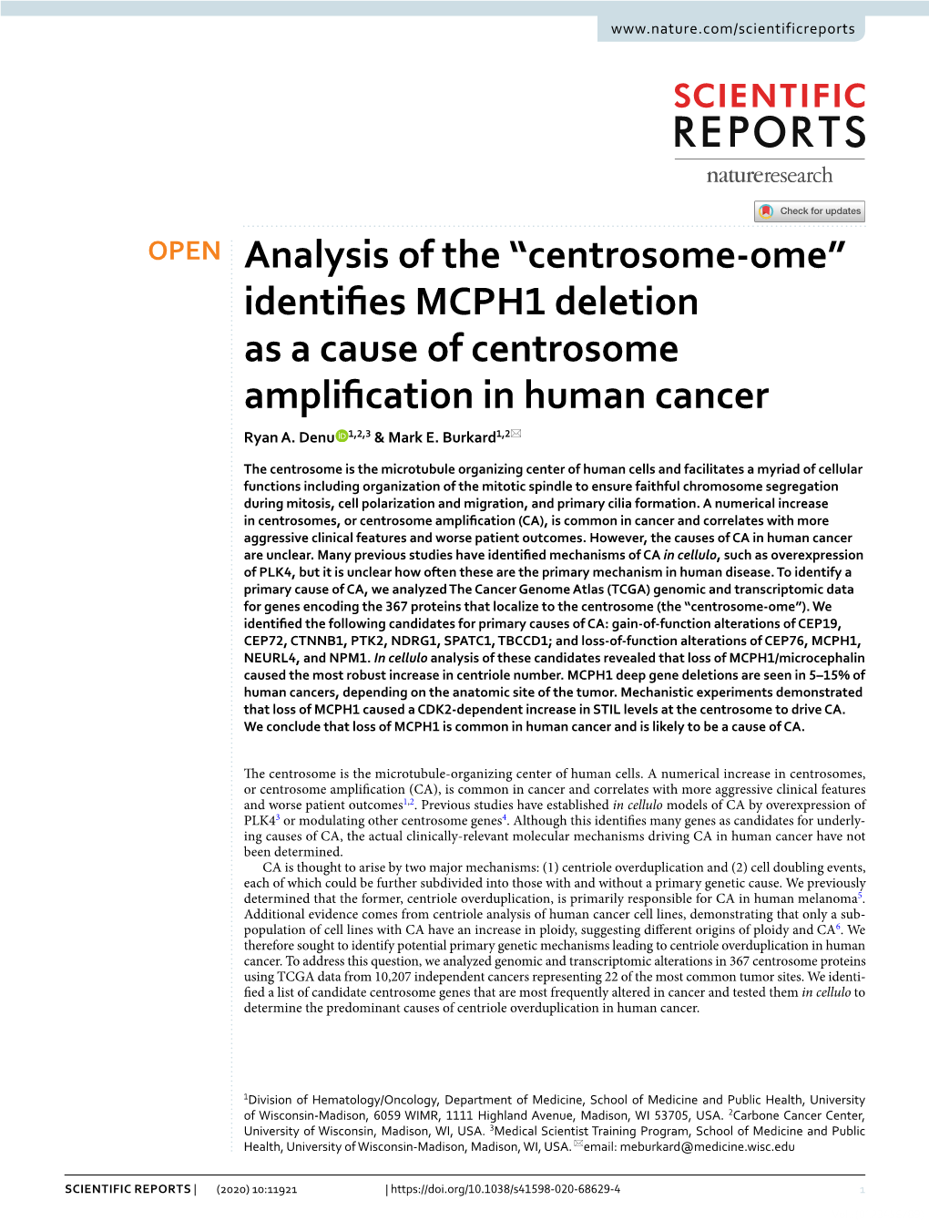 Identifies MCPH1 Deletion As a Cause of Centrosome Amplification in Human Cancer