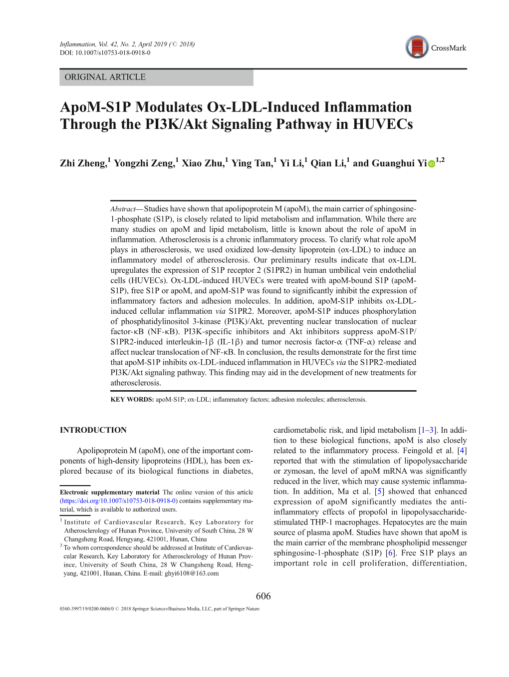 Apom-S1P Modulates Ox-LDL-Induced Inflammation Through the PI3K/Akt Signaling Pathway in Huvecs