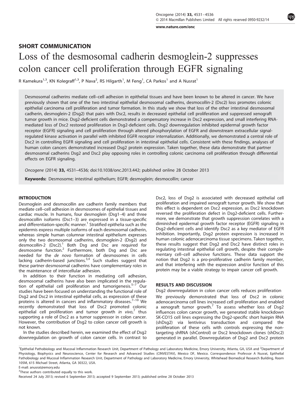 Loss of the Desmosomal Cadherin Desmoglein-2 Suppresses Colon Cancer Cell Proliferation Through EGFR Signaling