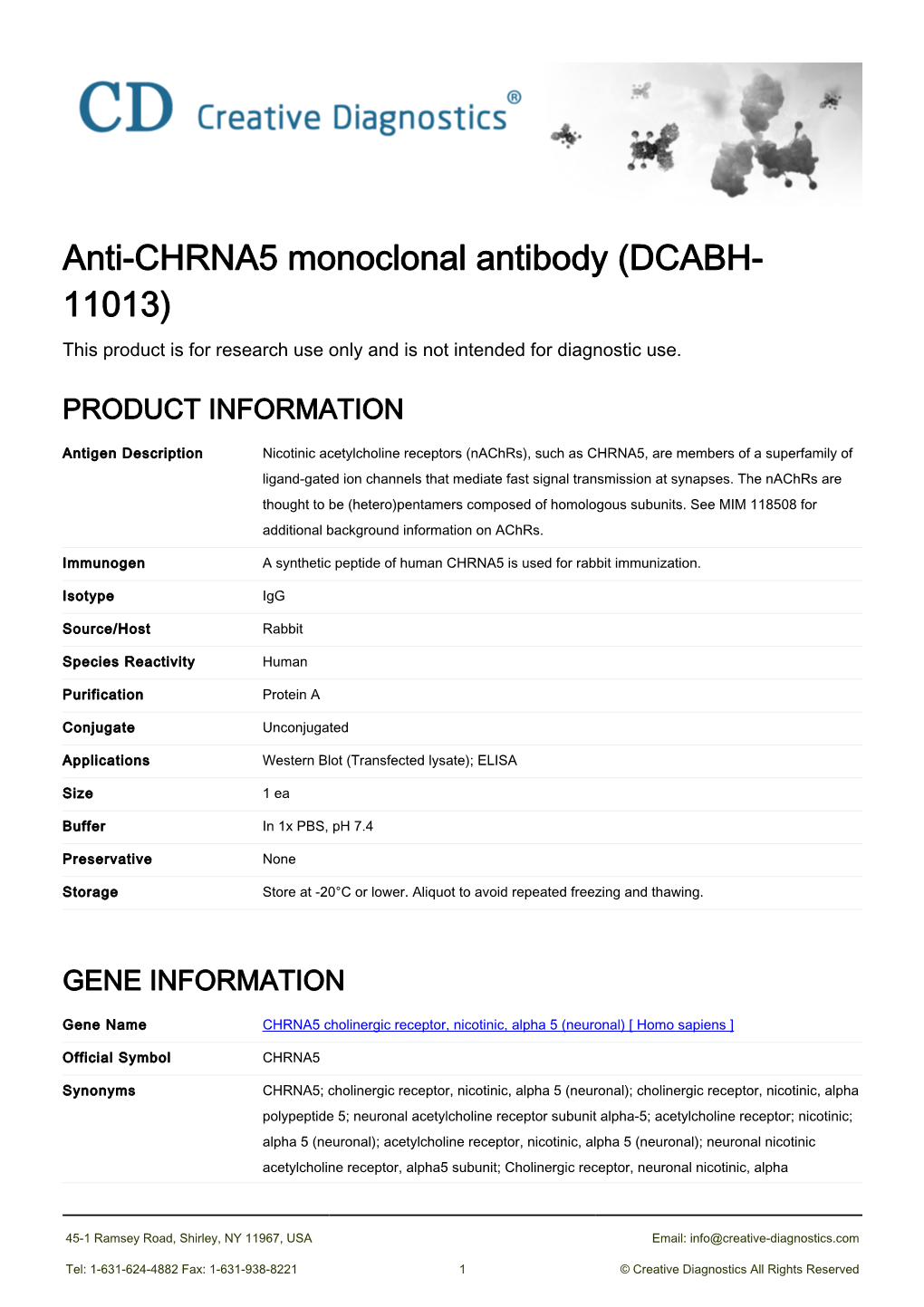 Anti-CHRNA5 Monoclonal Antibody (DCABH- 11013) This Product Is for Research Use Only and Is Not Intended for Diagnostic Use