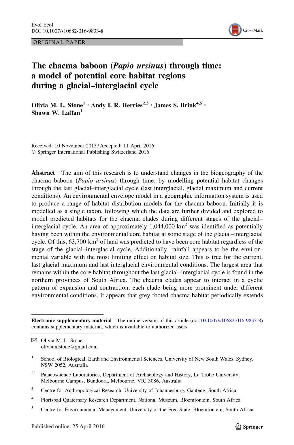 The Chacma Baboon (Papio Ursinus) Through Time: a Model of Potential Core Habitat Regions During a Glacial–Interglacial Cycle