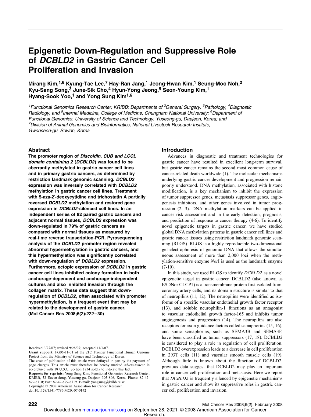 Epigenetic Down-Regulation and Suppressive Role of DCBLD2 in Gastric Cancer Cell Proliferation and Invasion