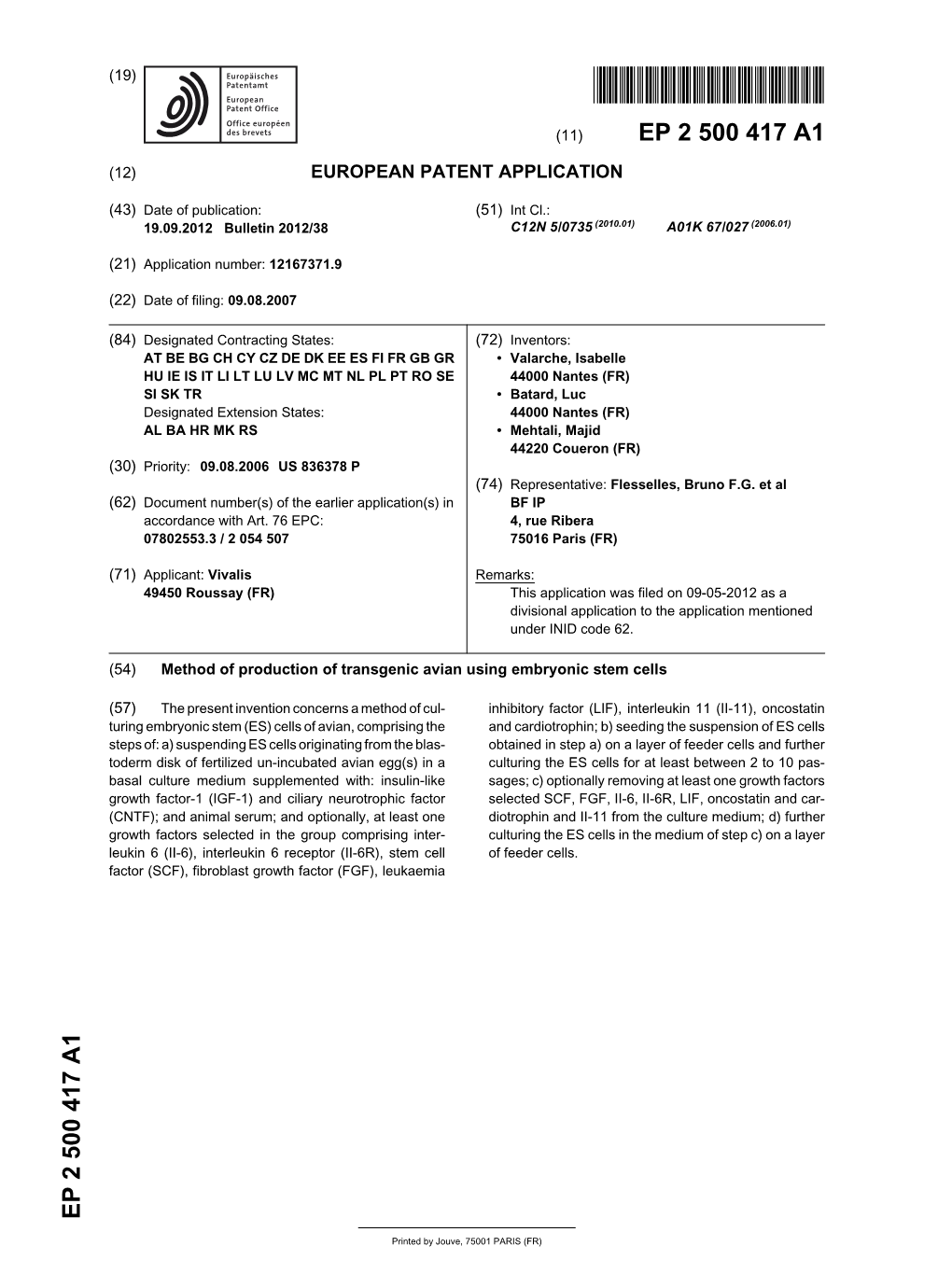 Method of Production of Transgenic Avian Using Embryonic Stem Cells