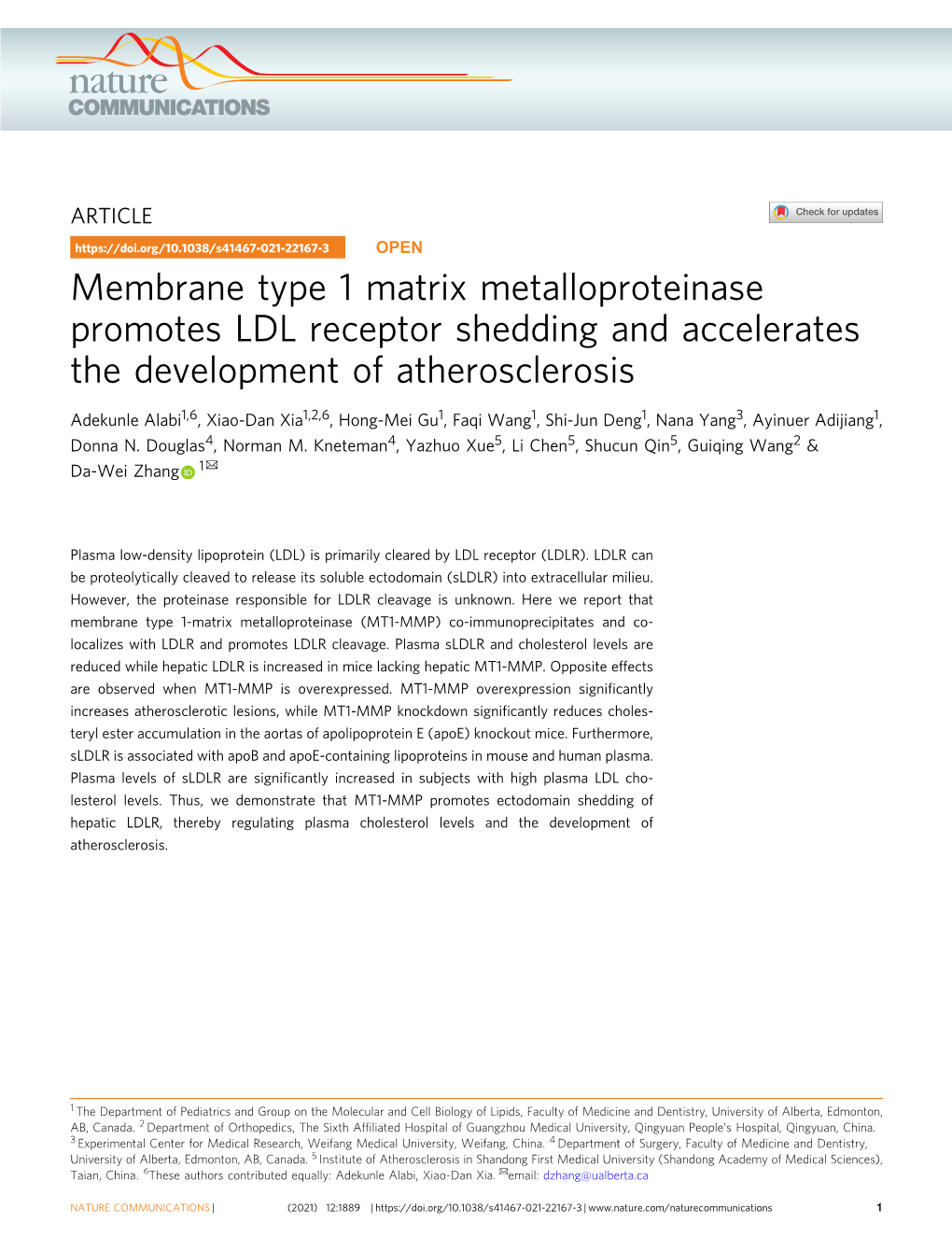 Membrane Type 1 Matrix Metalloproteinase Promotes LDL Receptor Shedding and Accelerates the Development of Atherosclerosis