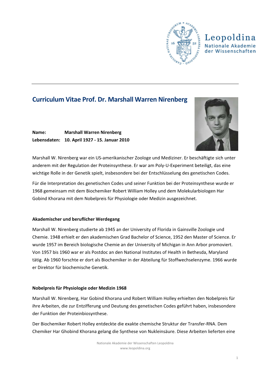 Curriculum Vitae Prof. Dr. Marshall Warren Nirenberg