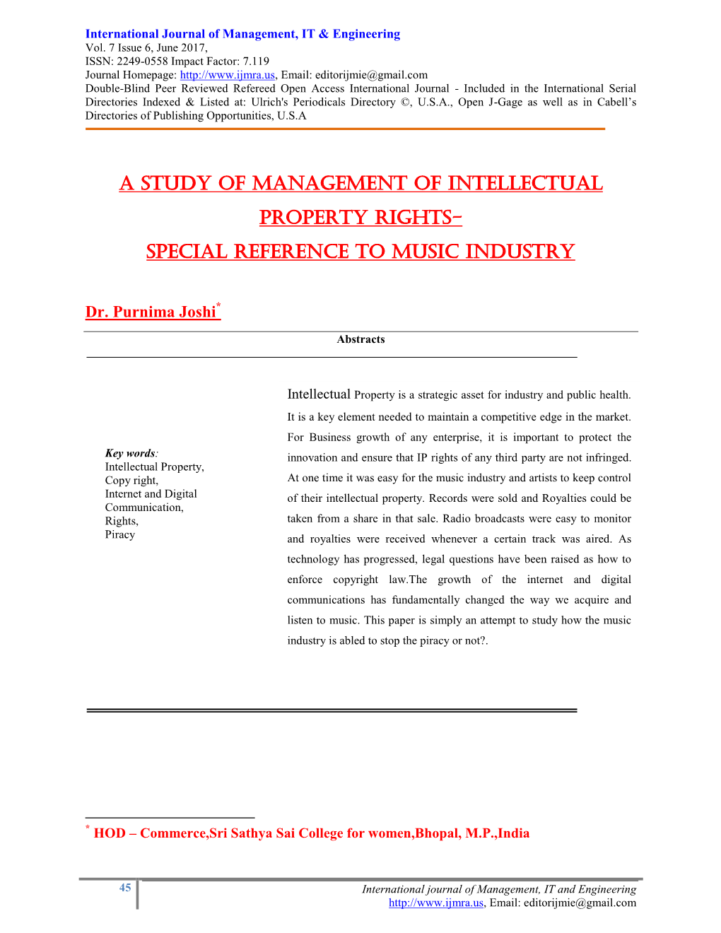 A Study of Management of Intellectual Property Rights- Special Reference to Music Industry