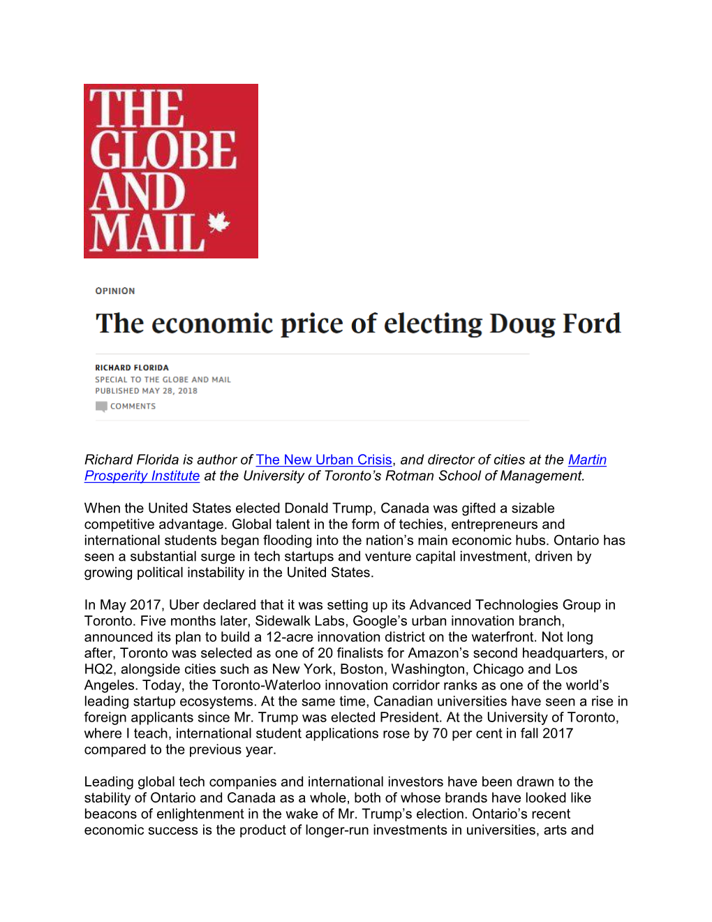 The Economic Price of Electing Doug Ford