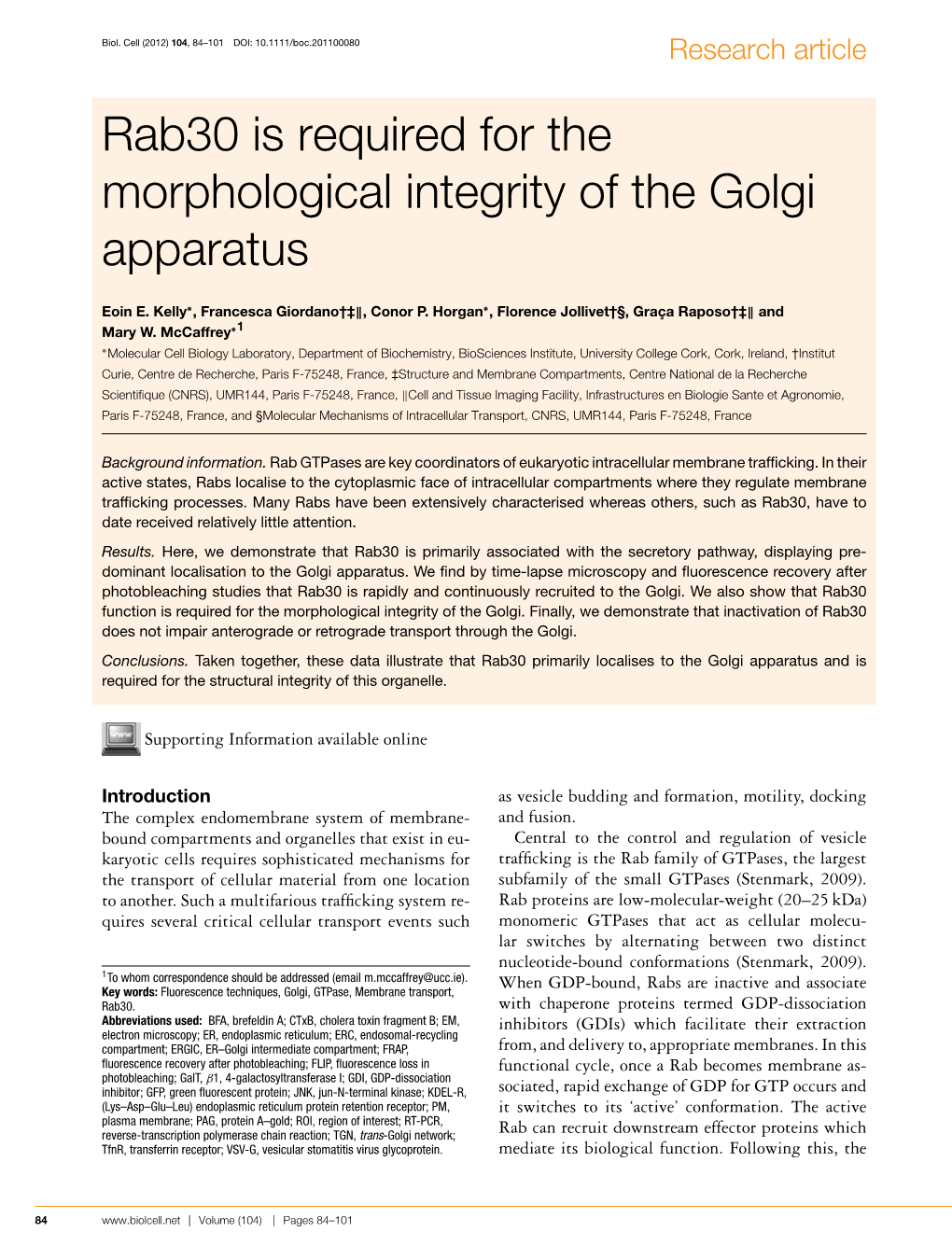 Rab30 Is Required for the Morphological Integrity of the Golgi Apparatus