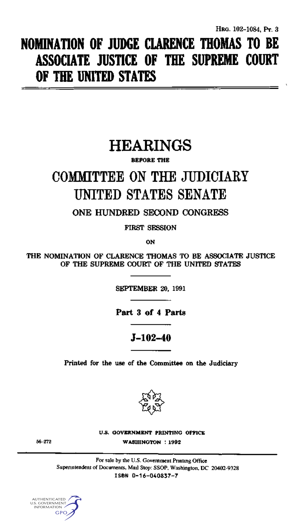 Nomination of Judge Clarence Thomas to Be Associate Justice of the Supreme Court of the United States