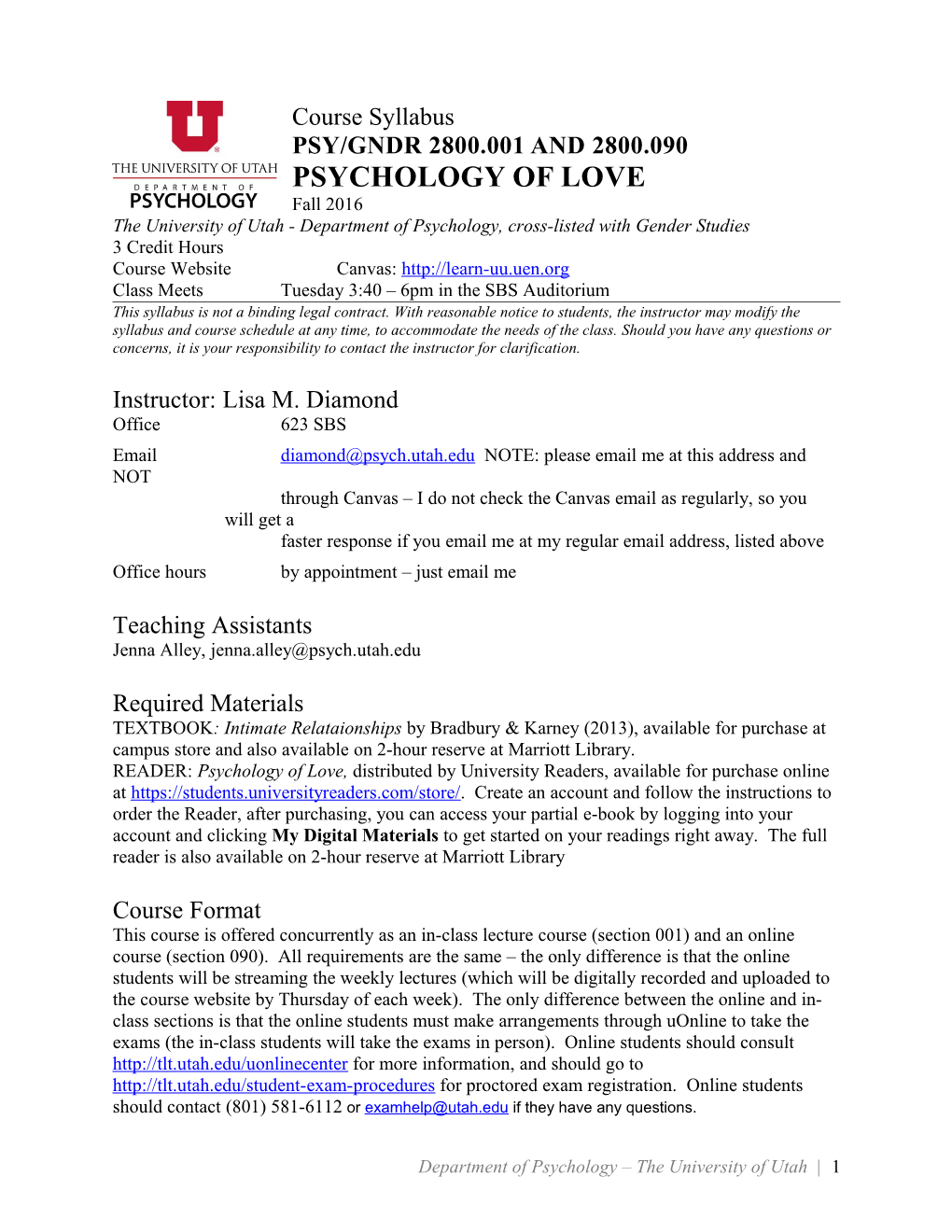 PSY/GNDR 2800.001 and 2800.090 Psychology of Love