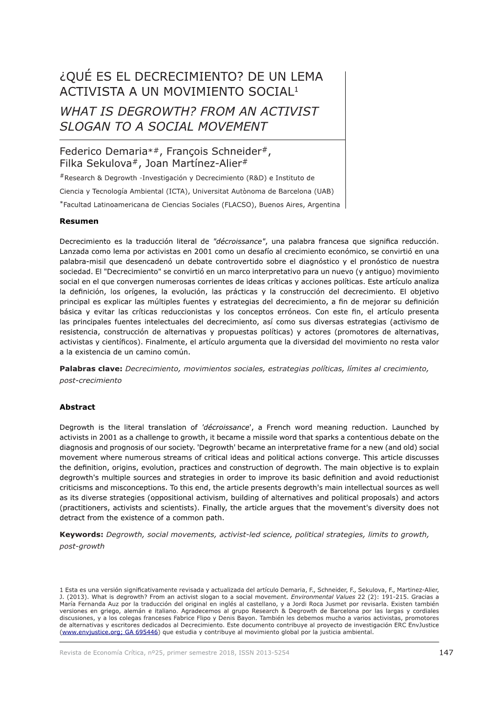 ¿Qué Es El Decrecimiento? De Un Lema Activista a Un Movimiento Social1 What Is Degrowth? from an Activist Slogan to a Social Movement