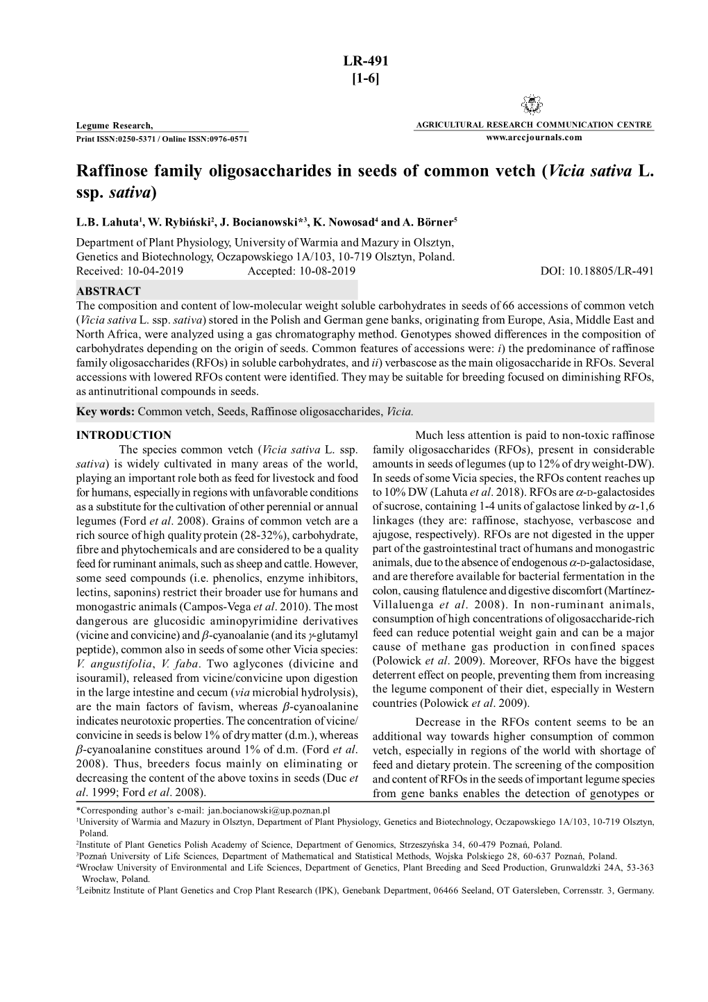 Raffinose Family Oligosaccharides in Seeds of Common Vetch (Vicia Sativa L