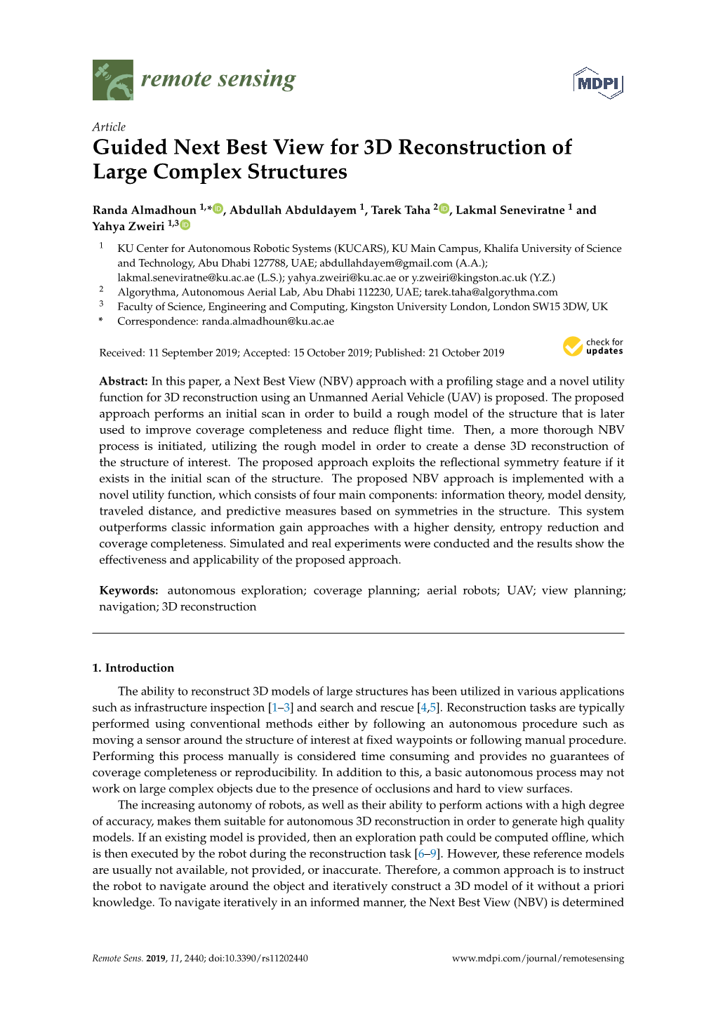 Guided Next Best View for 3D Reconstruction of Large Complex Structures