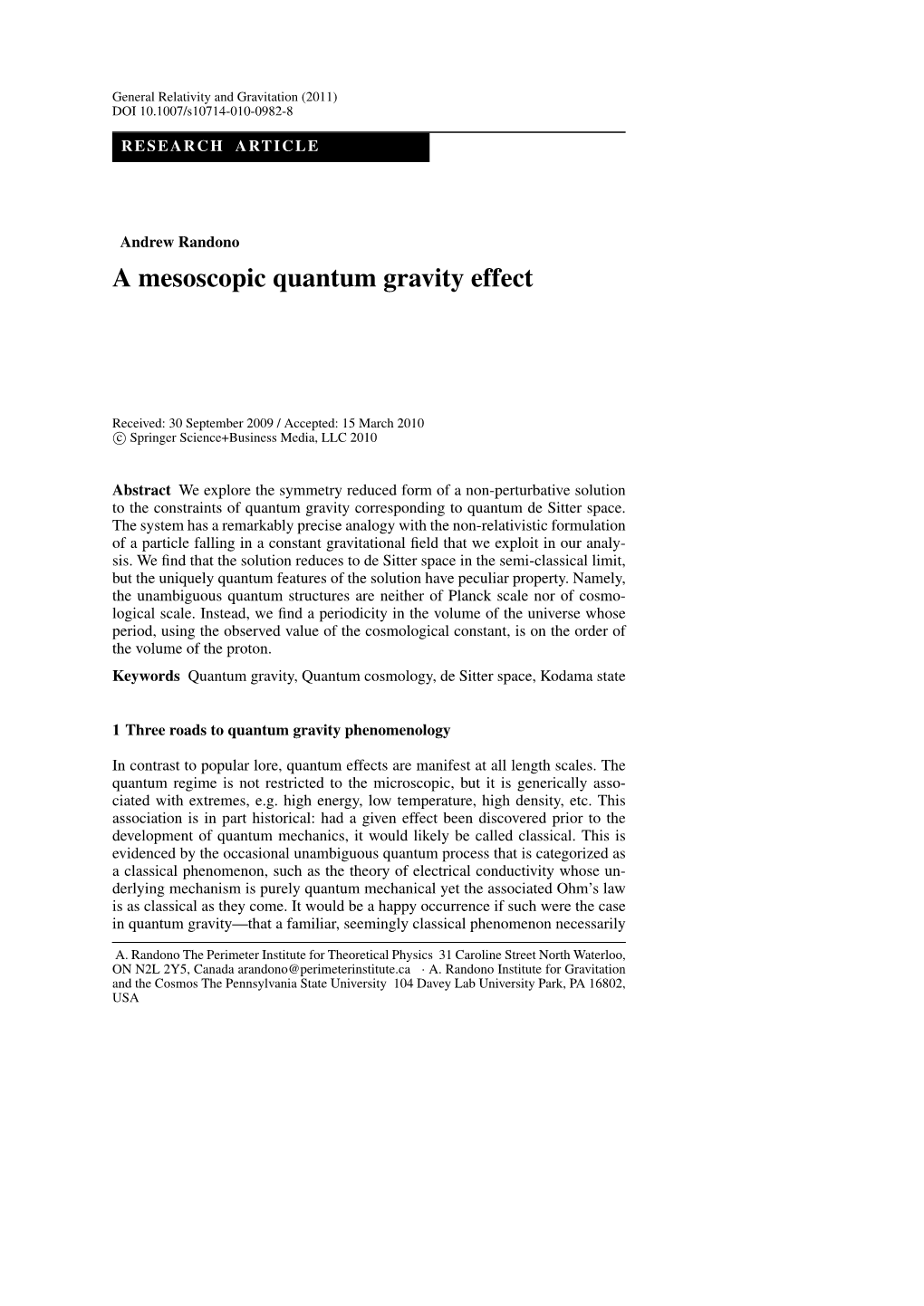 A Mesoscopic Quantum Gravity Effect