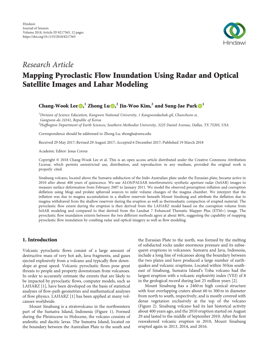 Mapping Pyroclastic Flow Inundation Using Radar and Optical Satellite Images and Lahar Modeling