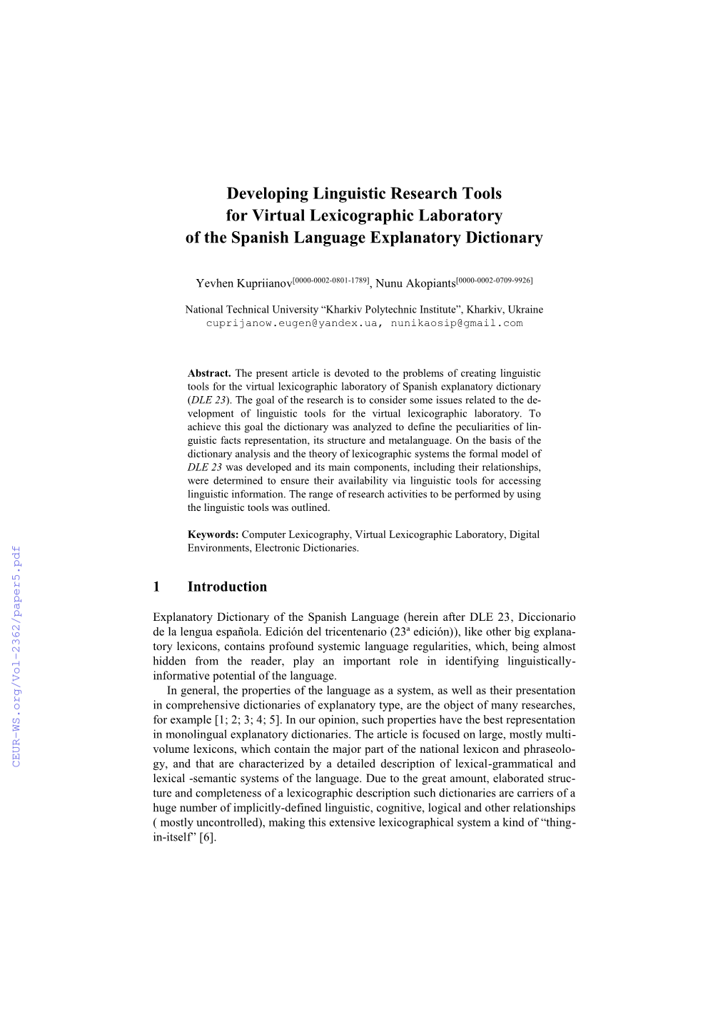 Developing Linguistic Research Tools for Virtual Lexicographic Laboratory of the Spanish Language Explanatory Dictionary