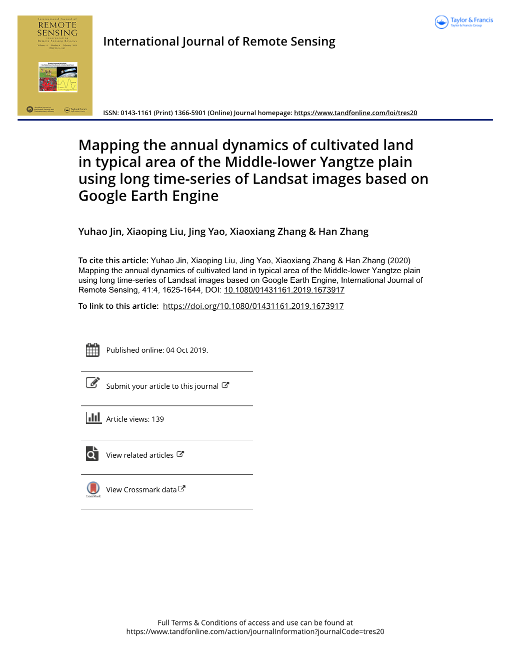 Mapping the Annual Dynamics of Cultivated Land in Typical Area of the Middle-Lower Yangtze Plain Using Long Time-Series of Landsat Images Based on Google Earth Engine