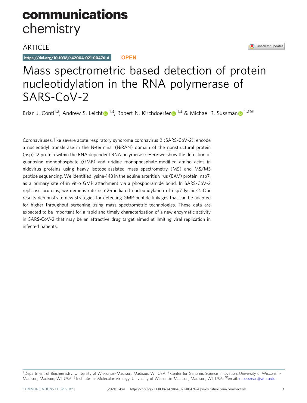 Mass Spectrometric Based Detection of Protein Nucleotidylation in the RNA Polymerase of SARS-Cov-2 ✉ Brian J