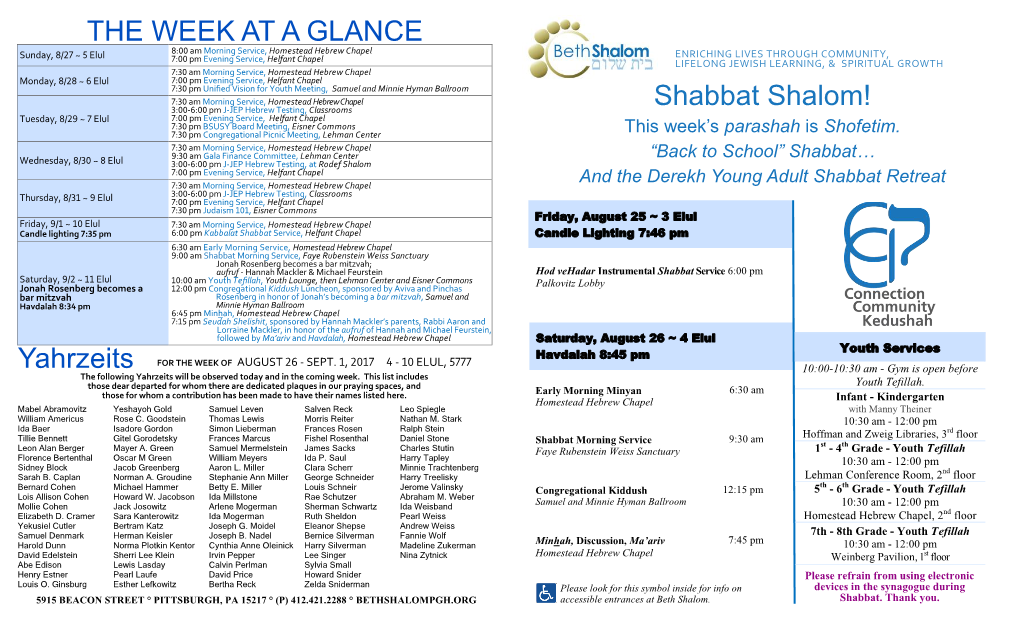 Shabbat Shalom! the WEEK at a GLANCE Yahrzeits