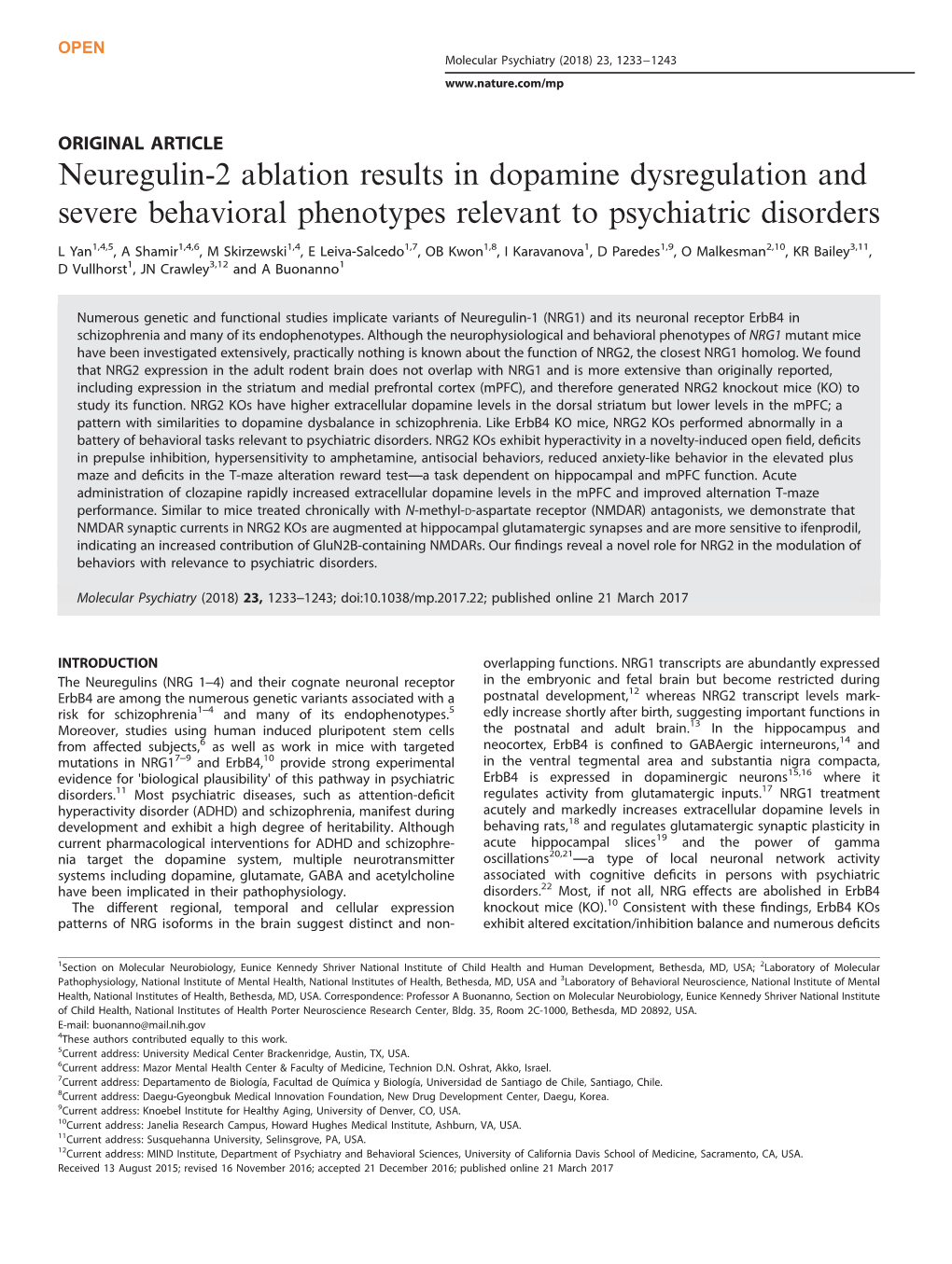 Neuregulin-2 Ablation Results in Dopamine Dysregulation and Severe Behavioral Phenotypes Relevant to Psychiatric Disorders