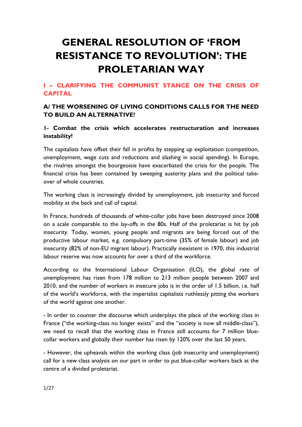 General Resolution of 'From Resistance to Revolution': the Proletarian