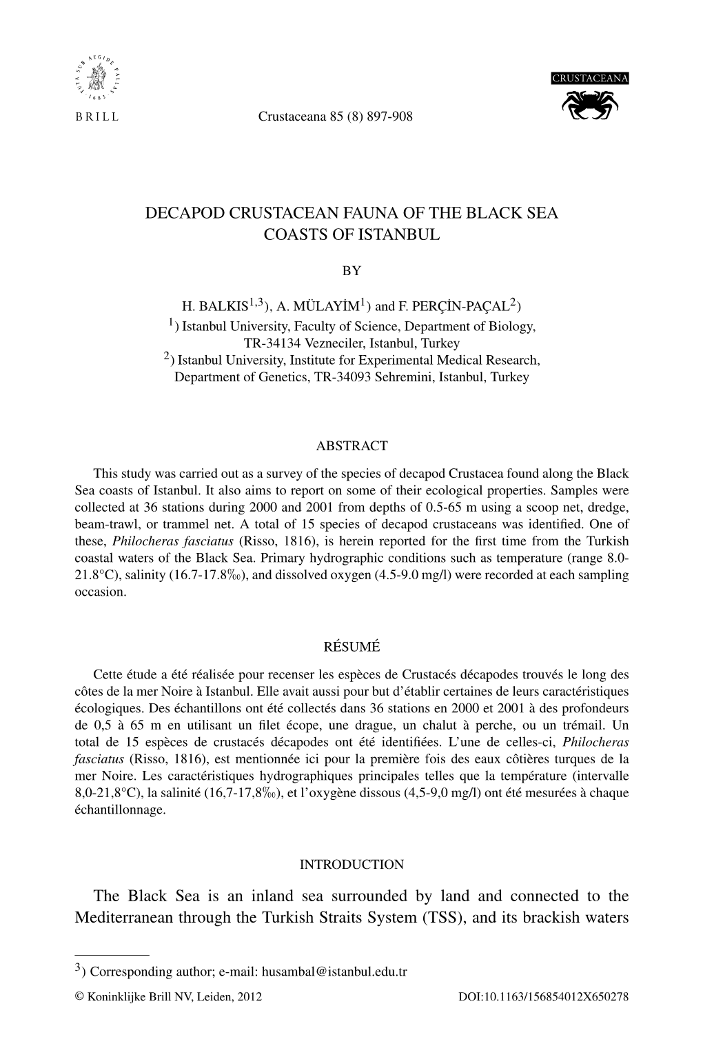 Decapod Crustacean Fauna of the Black Sea Coasts of Istanbul