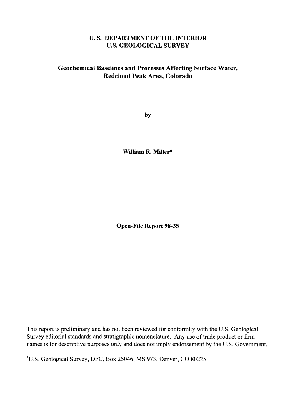 Geochemical Baselines and Processes Affecting Surface Water, Redcloud Peak Area, Colorado