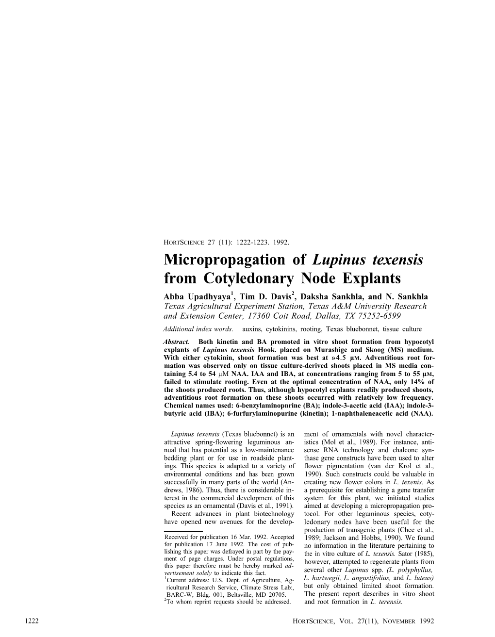 "Micropropagation of Lupinus Texensis from Cotyledonary Node Explants"