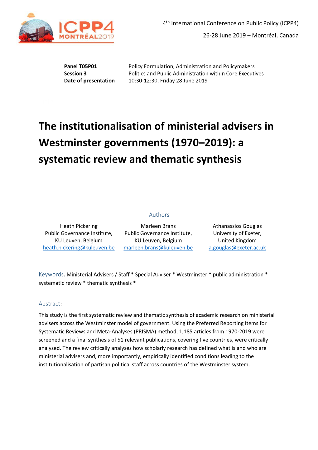 The Institutionalisation of Ministerial Advisers in Westminster Governments (1970–2019): a Systematic Review and Thematic Synthesis