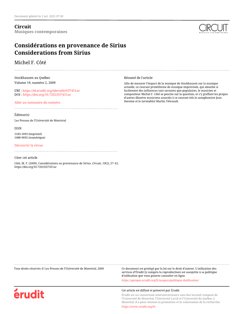 Considérations En Provenance De Sirius Considerations from Sirius Michel F