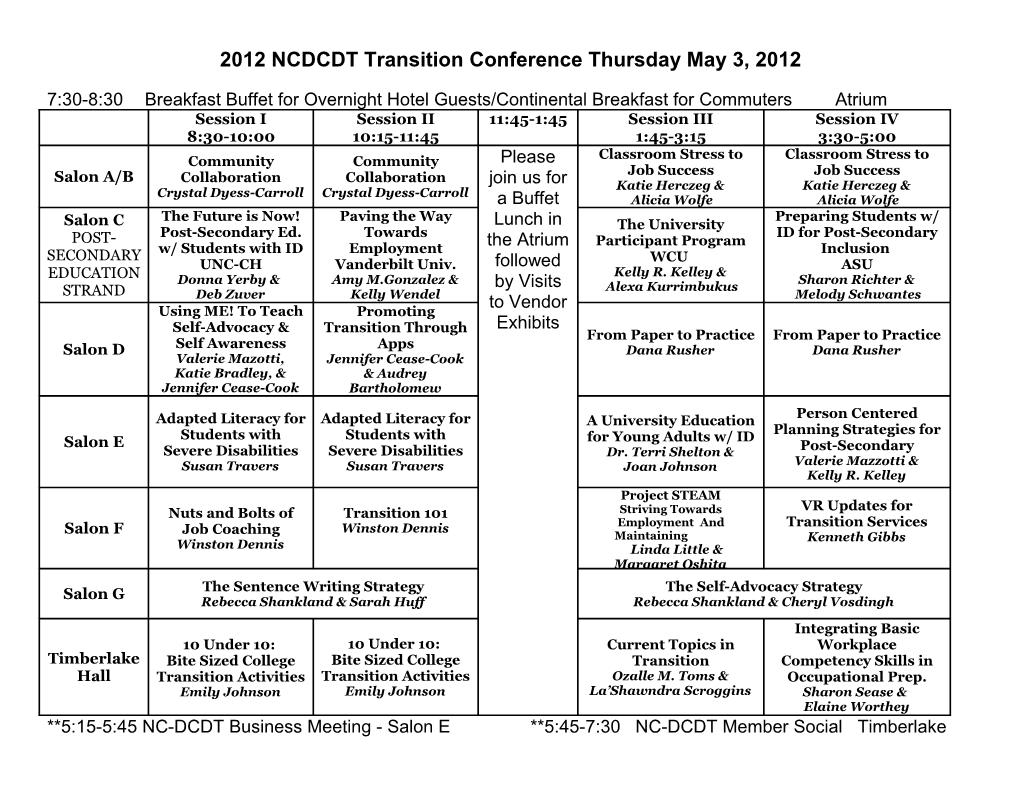 2012 NCDCDT Transition Conference Thursday May 3, 2012