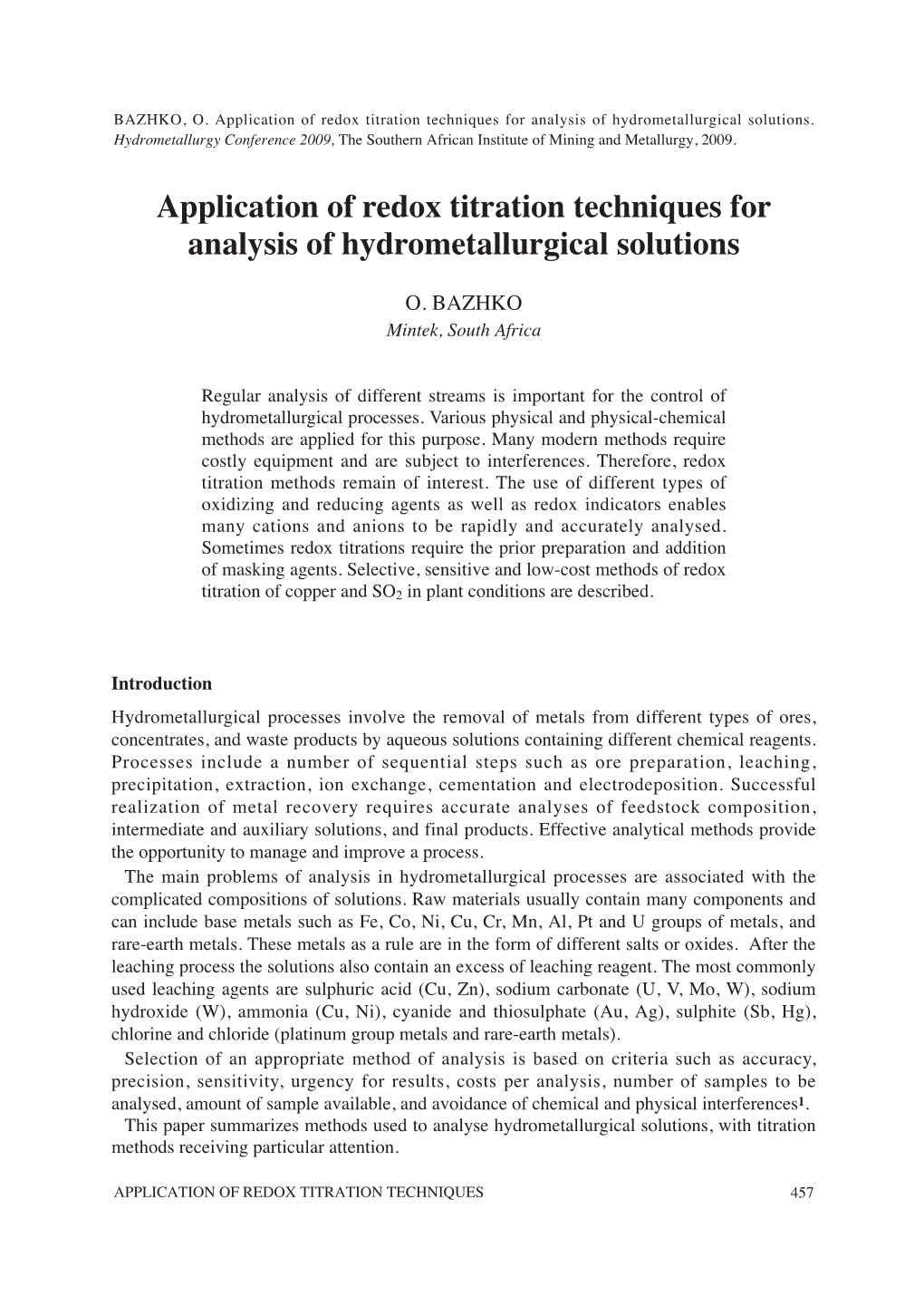 Application of Redox Titration Techniques for Analysis of Hydrometallurgical Solutions