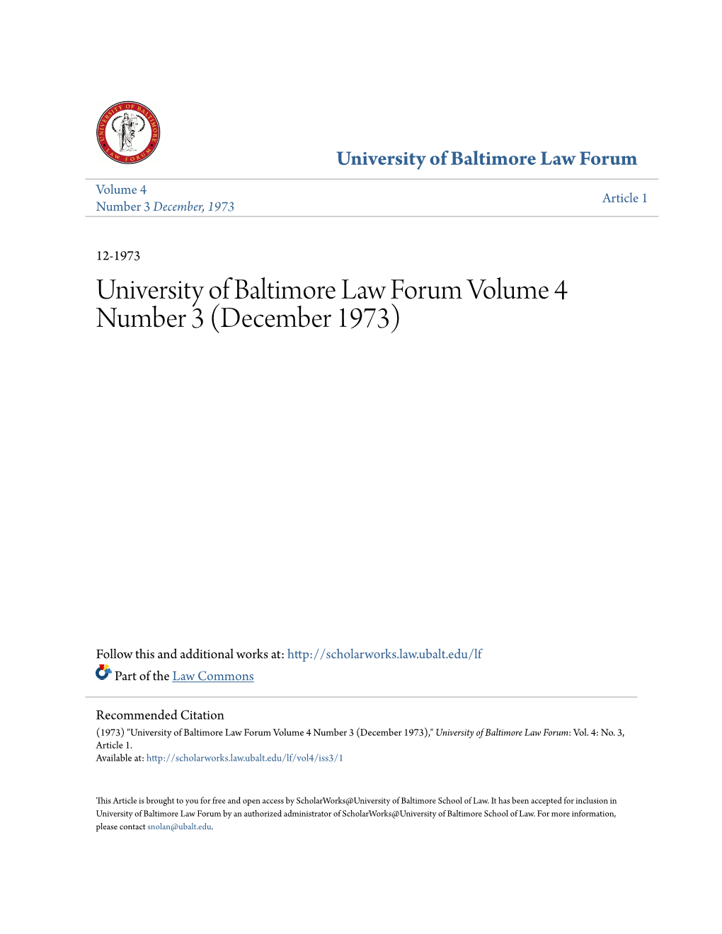 University of Baltimore Law Forum Volume 4 Number 3 (December 1973)