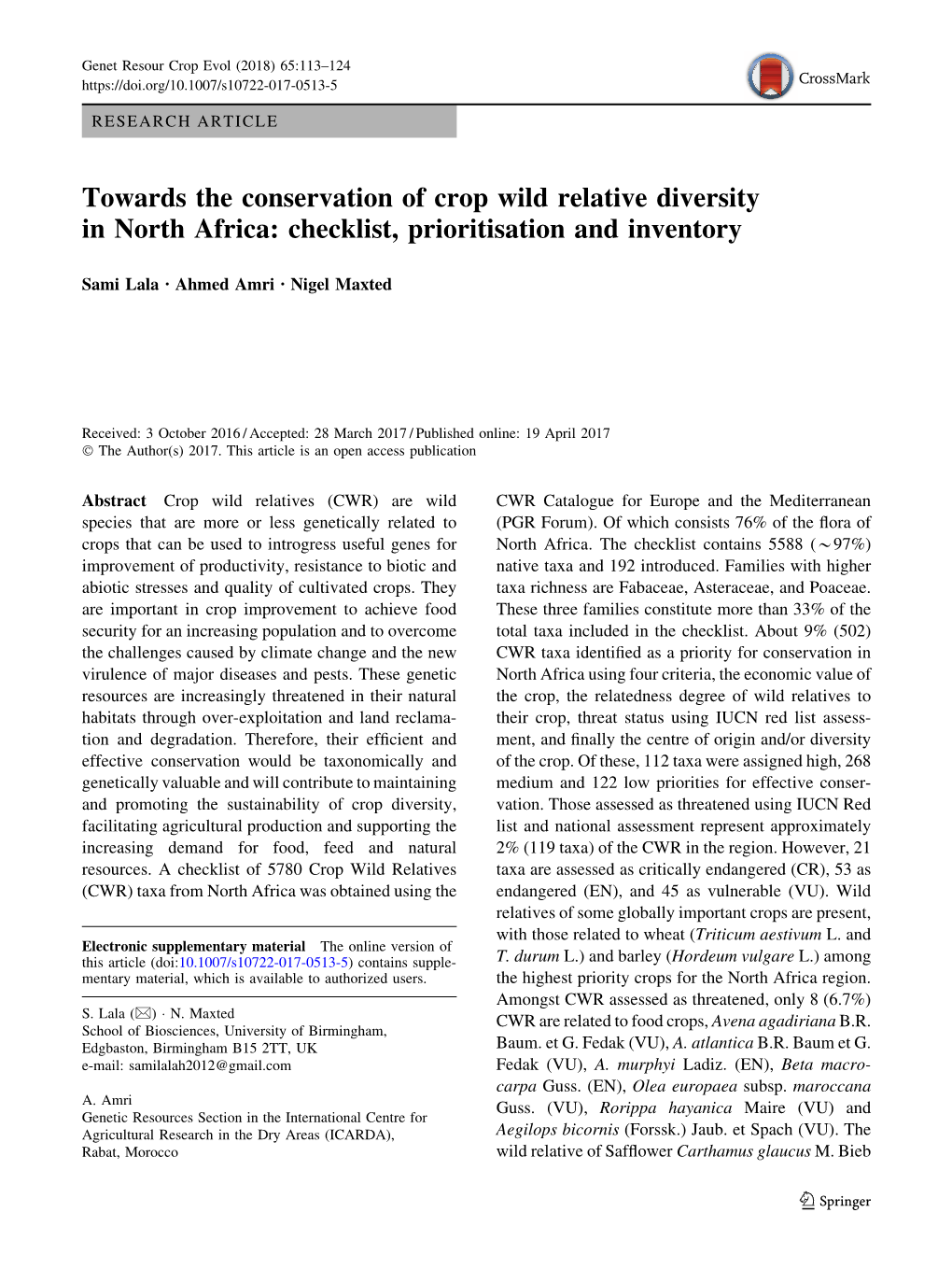 Towards the Conservation of Crop Wild Relative Diversity in North Africa: Checklist, Prioritisation and Inventory