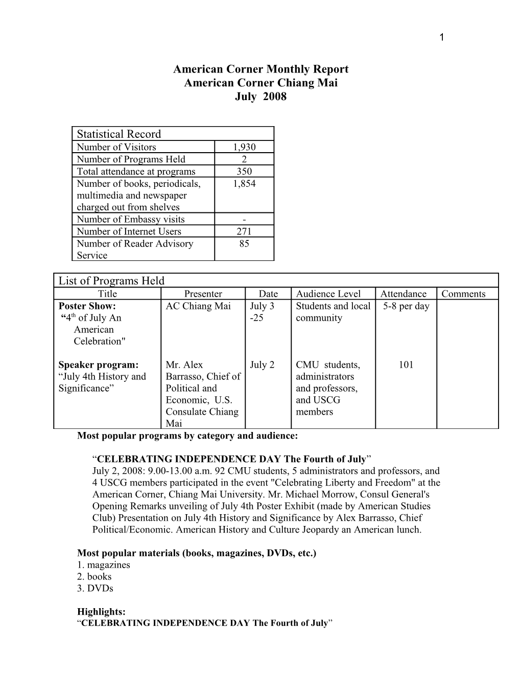 Sample American Corner Monthly Report