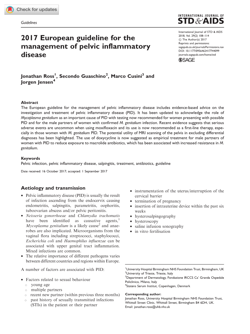 2017 European Guideline for the Management of Pelvic Inflammatory
