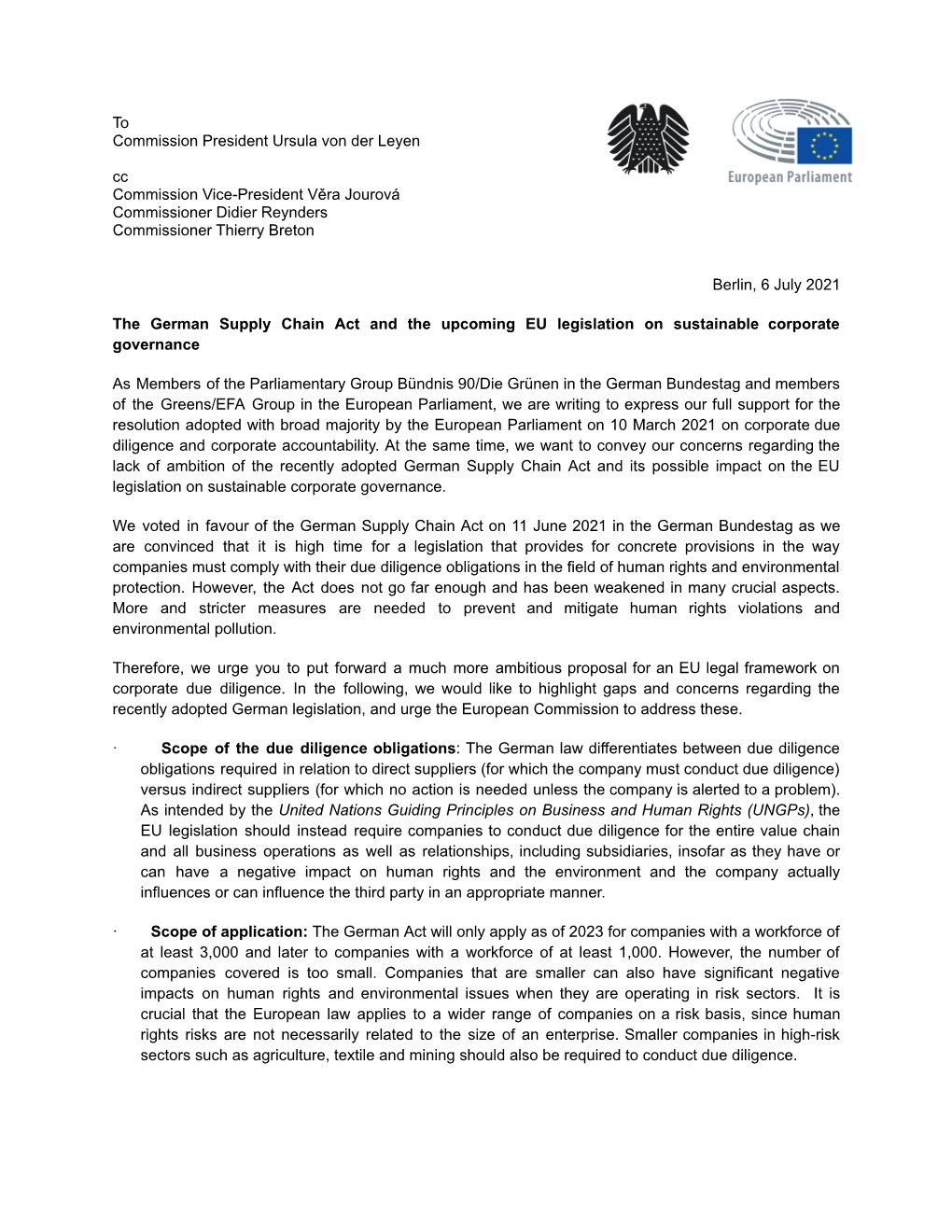 Letter to EU Commission on Due Diligence