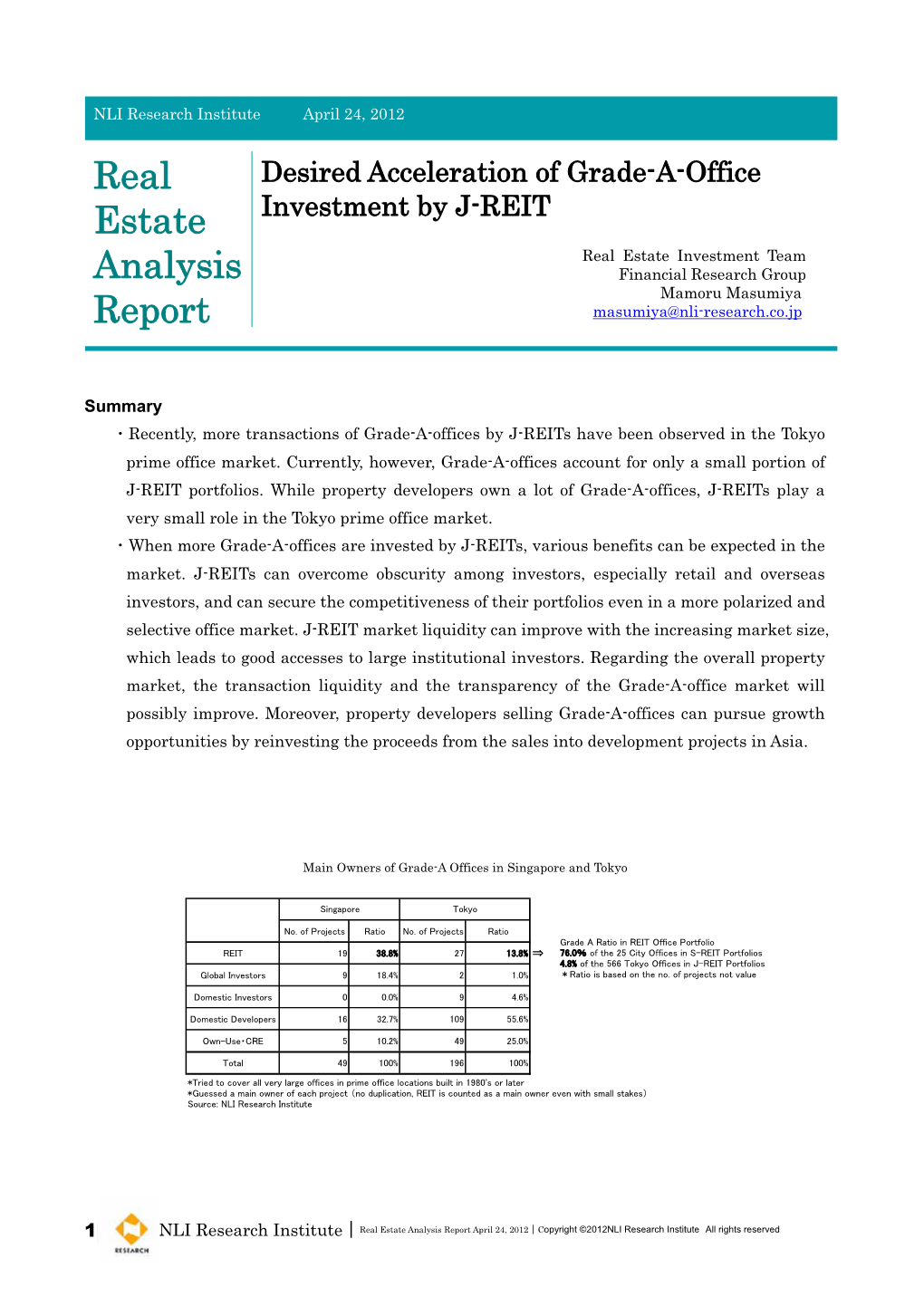 Desired Acceleration of Grade-A-Office Investment by J-REIT