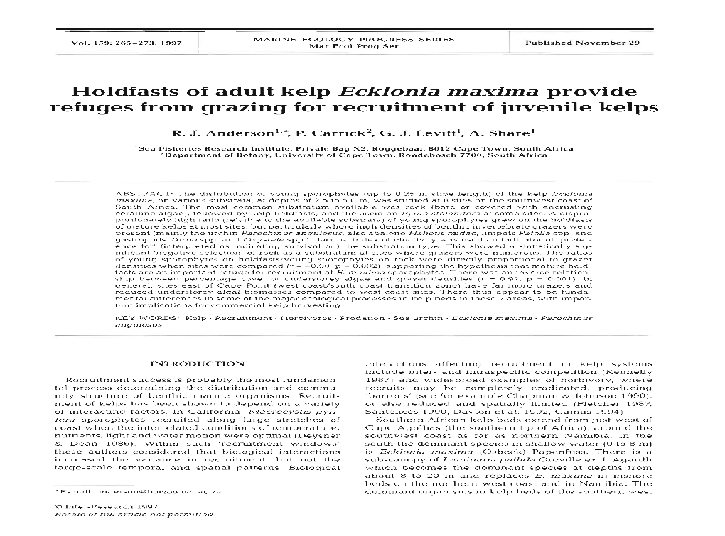 Holdfasts of Adult Kelp Ecklonia Maxima Provide Refuges from Grazing for Recruitment of Juvenile Kelps