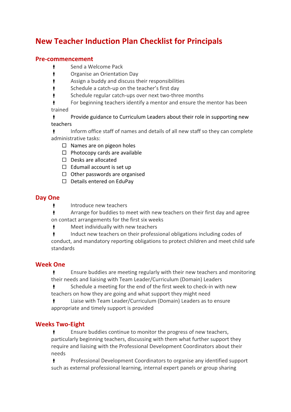 New Teacher Induction Plan Checklist for Principals