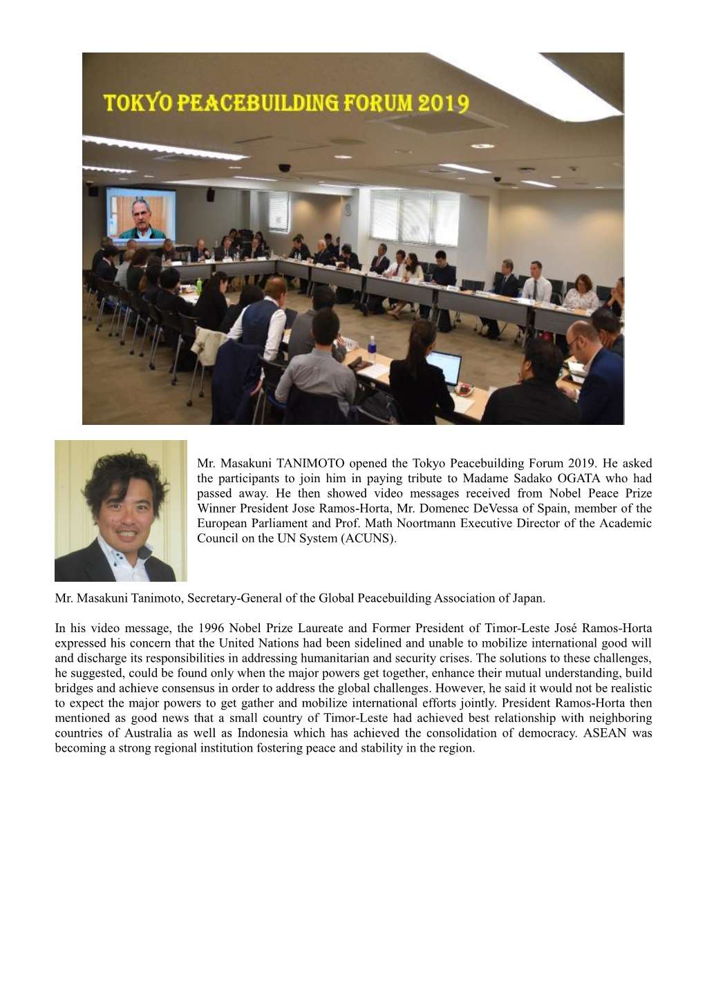 Mr. Masakuni TANIMOTO Opened the Tokyo Peacebuilding Forum 2019