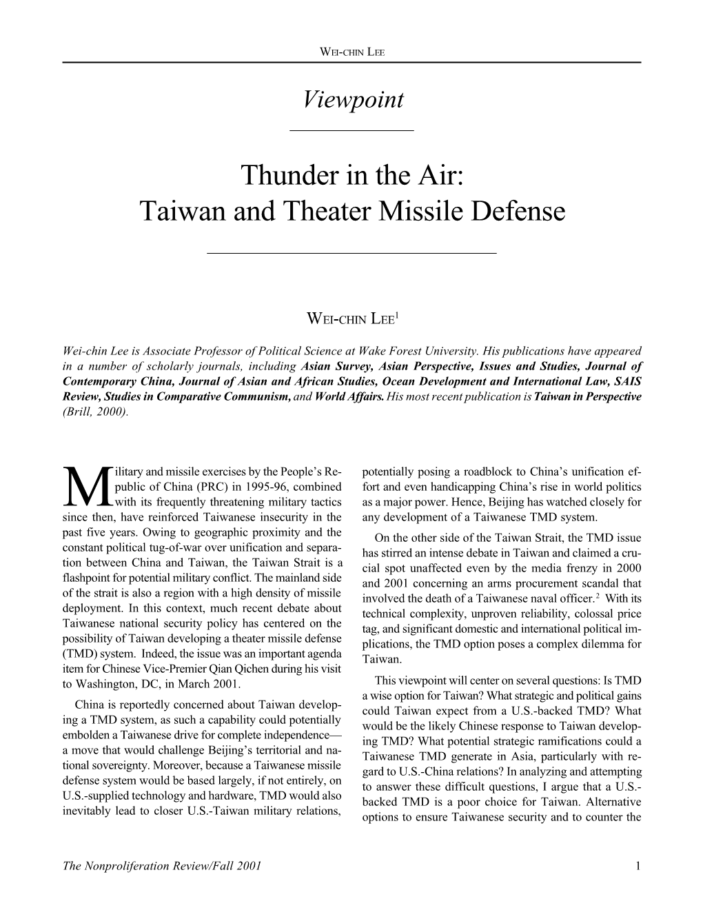 Thunder in the Air: Taiwan and Theater Missile Defense