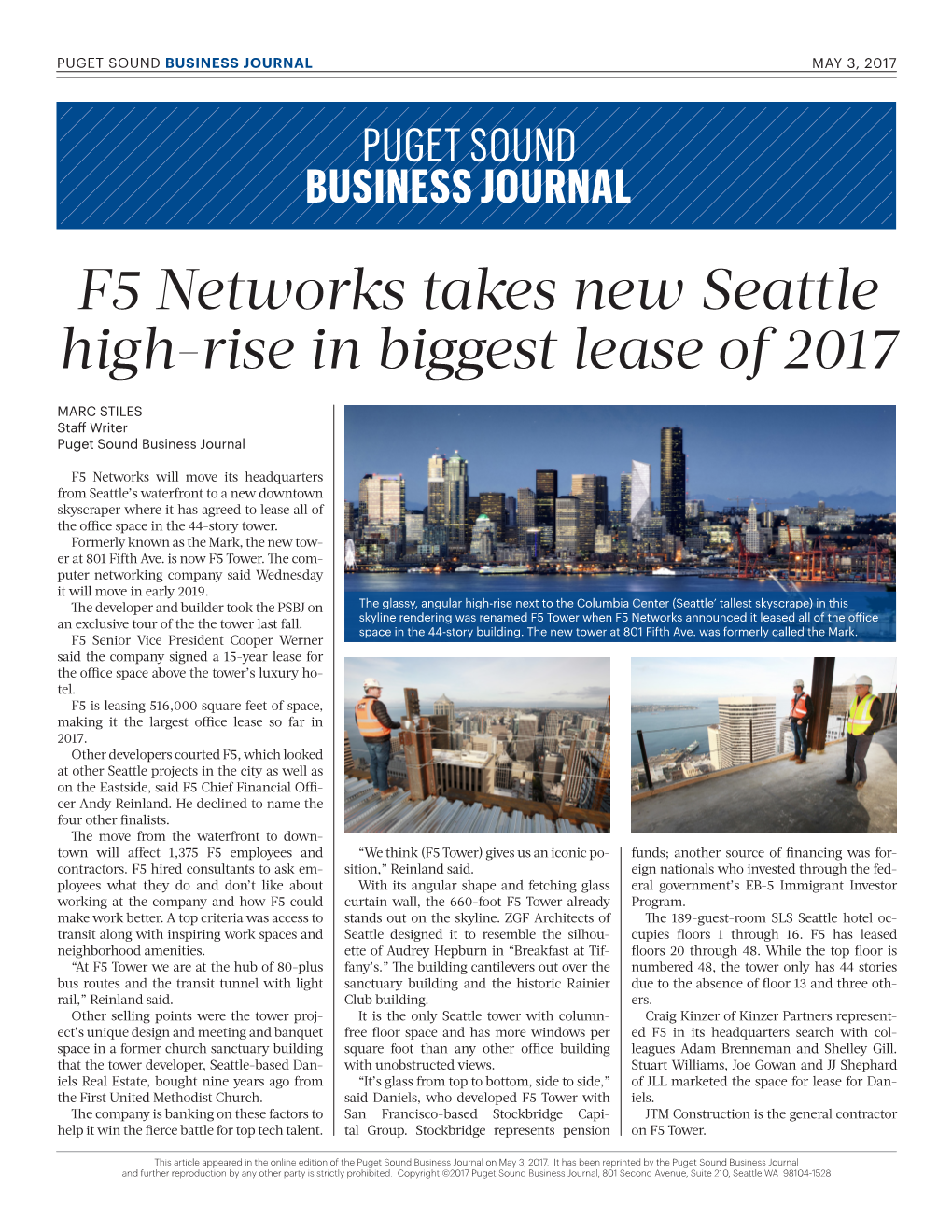 F5 Networks Takes New Seattle High-Rise in Biggest Lease of 2017