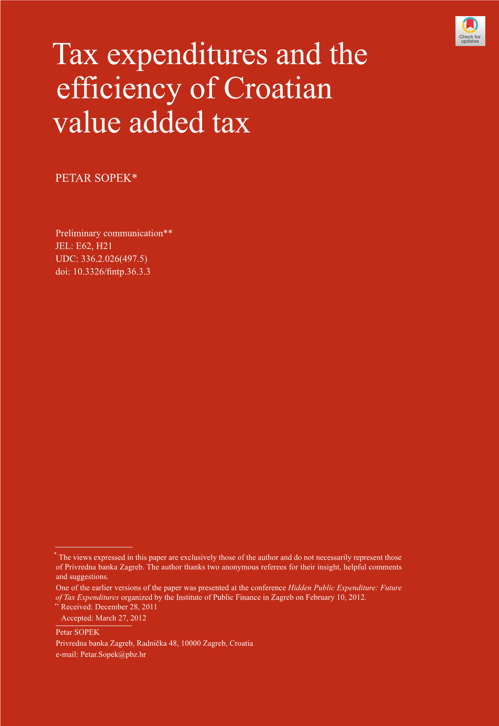 Tax Expenditures and the Efficiency of Croatian Value Added Tax