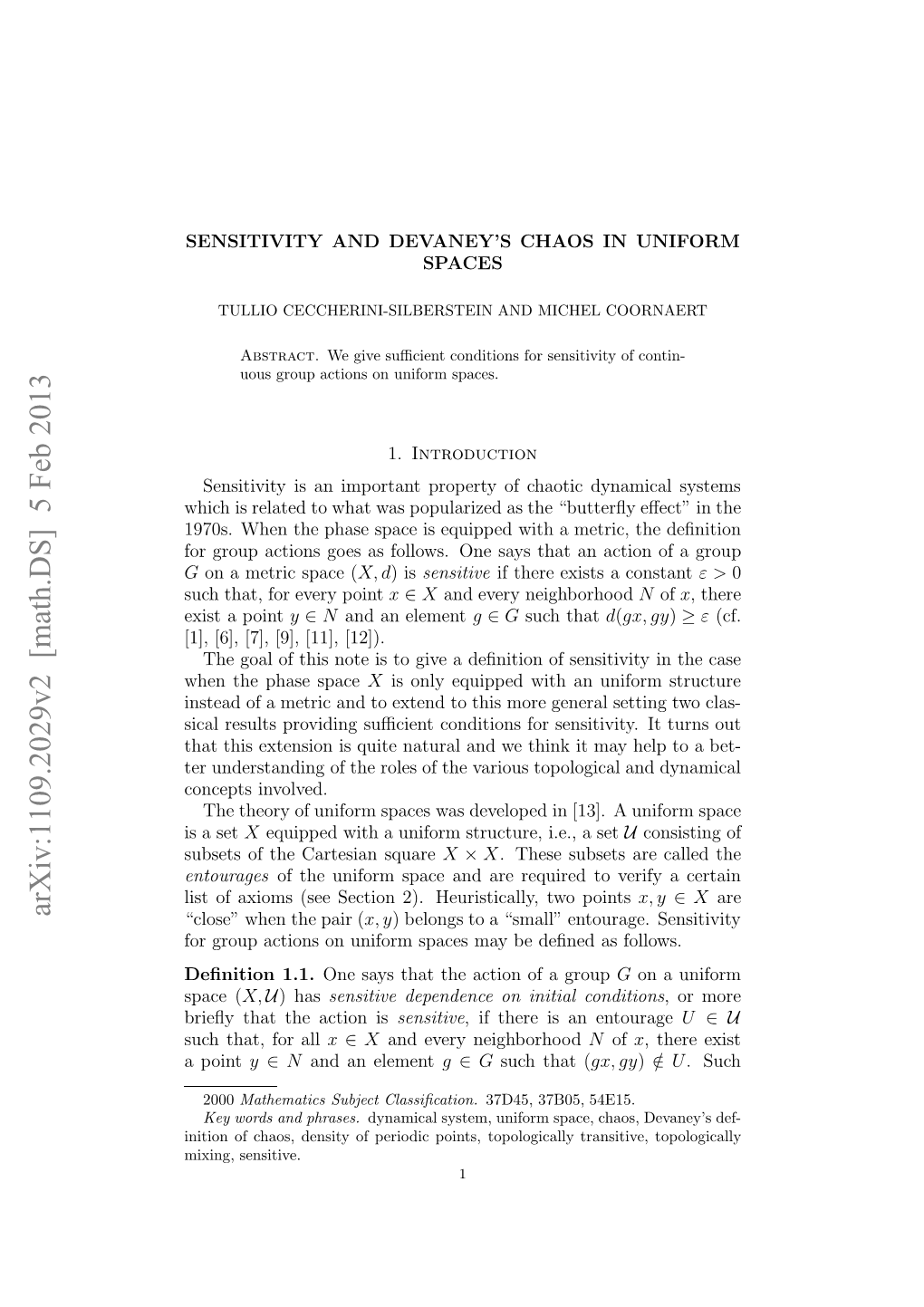 Arxiv:1109.2029V2 [Math.DS] 5 Feb 2013 Nto Fcas Est Fproi Ons Oooial Rniie T Transitive, Topologically Points, Periodic of Sensitive