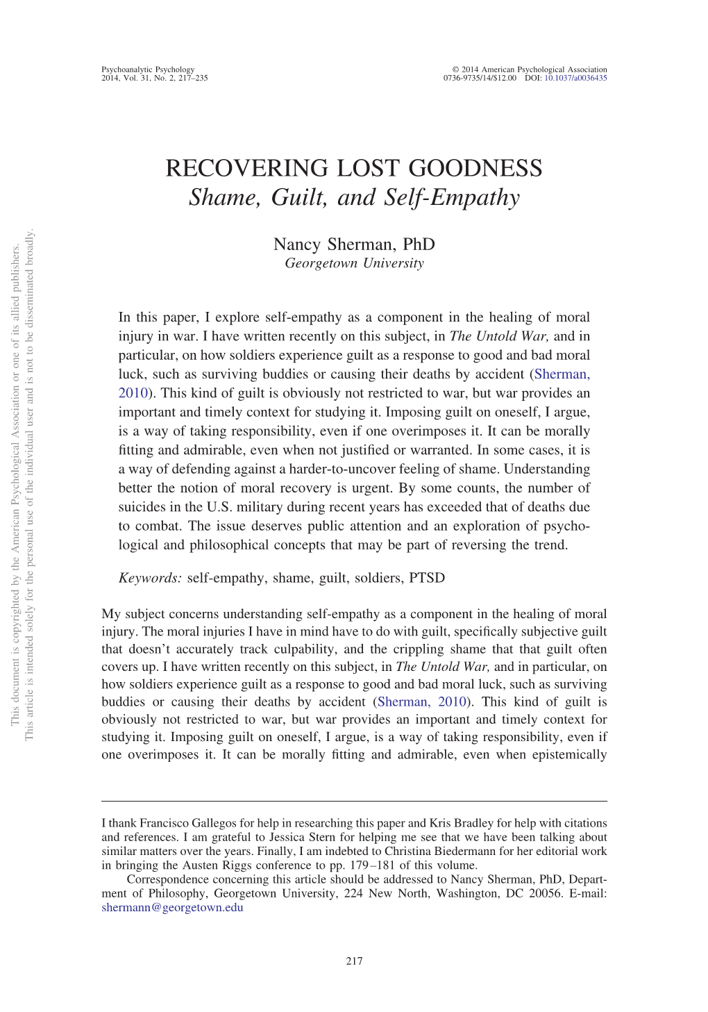 RECOVERING LOST GOODNESS Shame, Guilt, and Self-Empathy